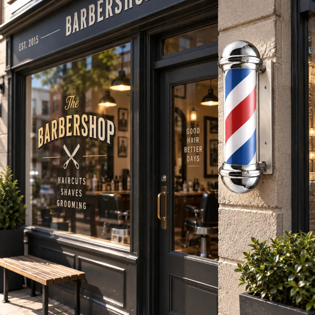 Stilfull barbershop med ikonisk barberstang.webp